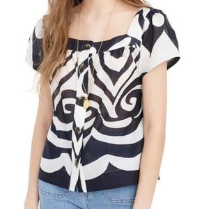 J. Crew Point Sur Ratti Wave Navy Blue White Button Front Poplin Top - S